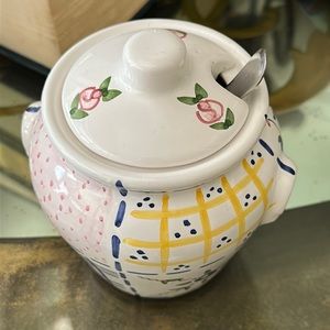 Hand painted sugar bowl signed 4 1/2 by 6” Portugal roses blue flowers lovely